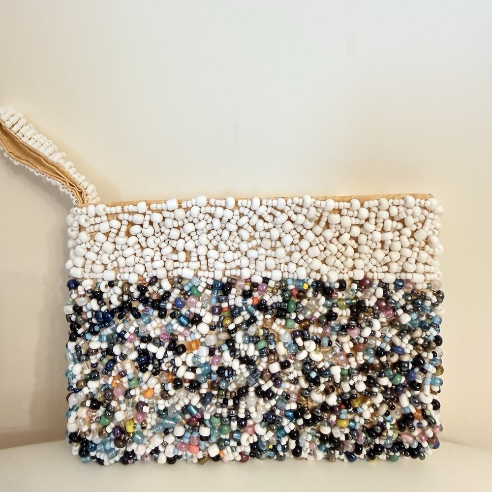 Vintage 60s Beaded Wallet Multi Color & Turquoise Beads Zip Close